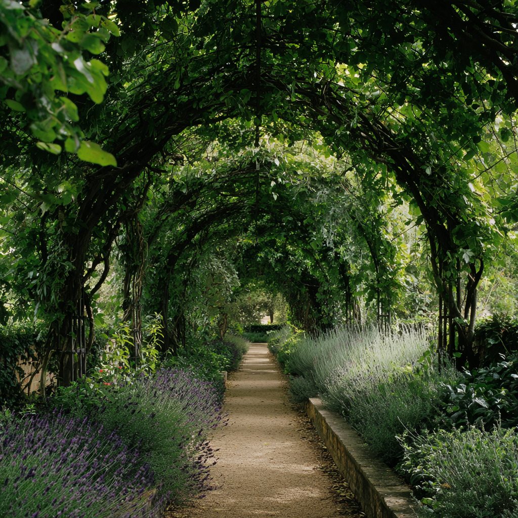 A gravel walk under a green arbor, edged with lavender